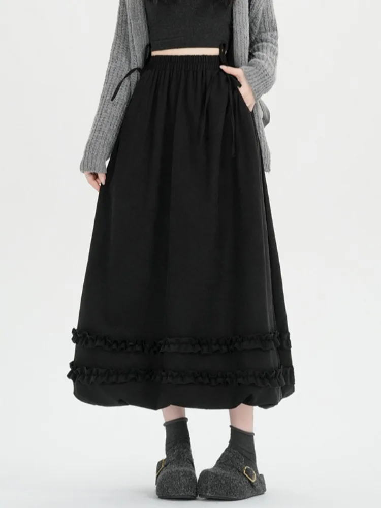 Falda coreana Sle A-Line f con pajarita, diseño de capullo de flor, falda Faion Gored de otoño e invierno para mujer, cintura alta, cintura elástica