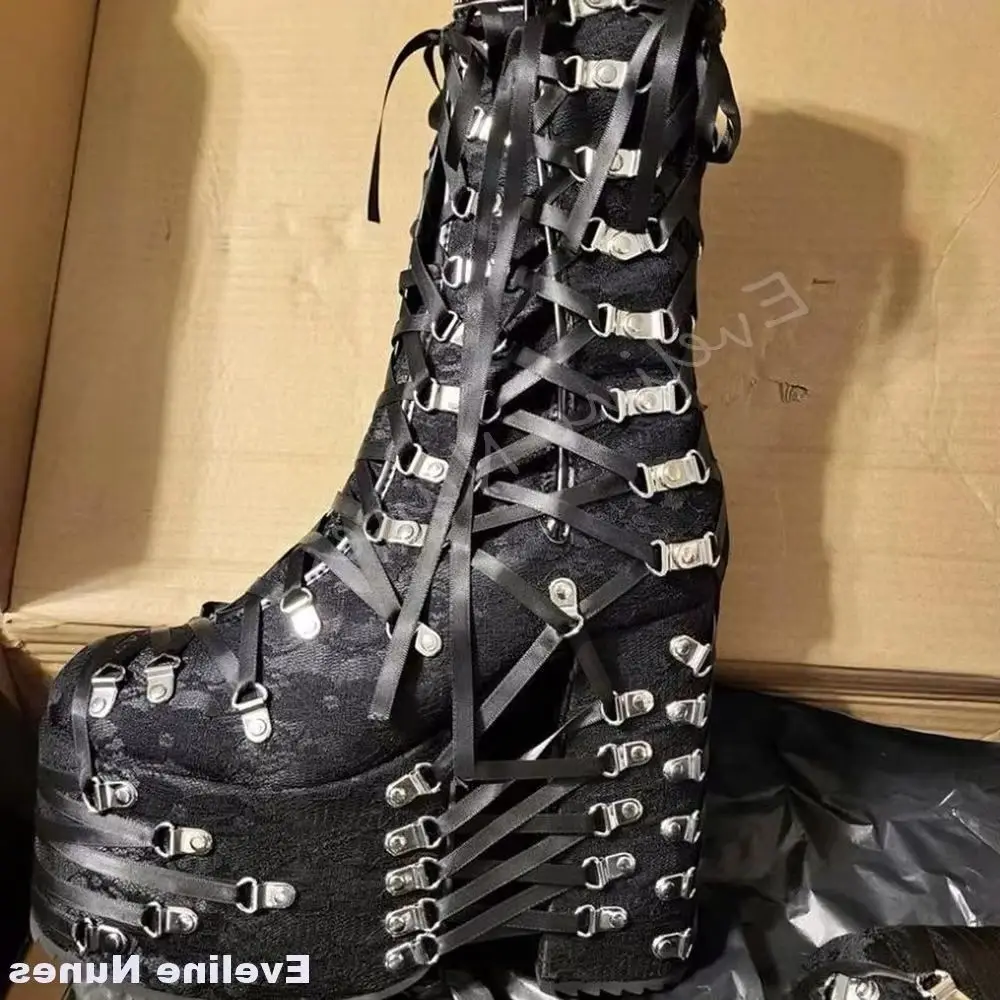 

Carabiner Lace Up Black Lolita Boots Women Round Toe Pink Patent Leather Chunky Heel Mid Calf Boots Winter Sweet Cute Girls Boot