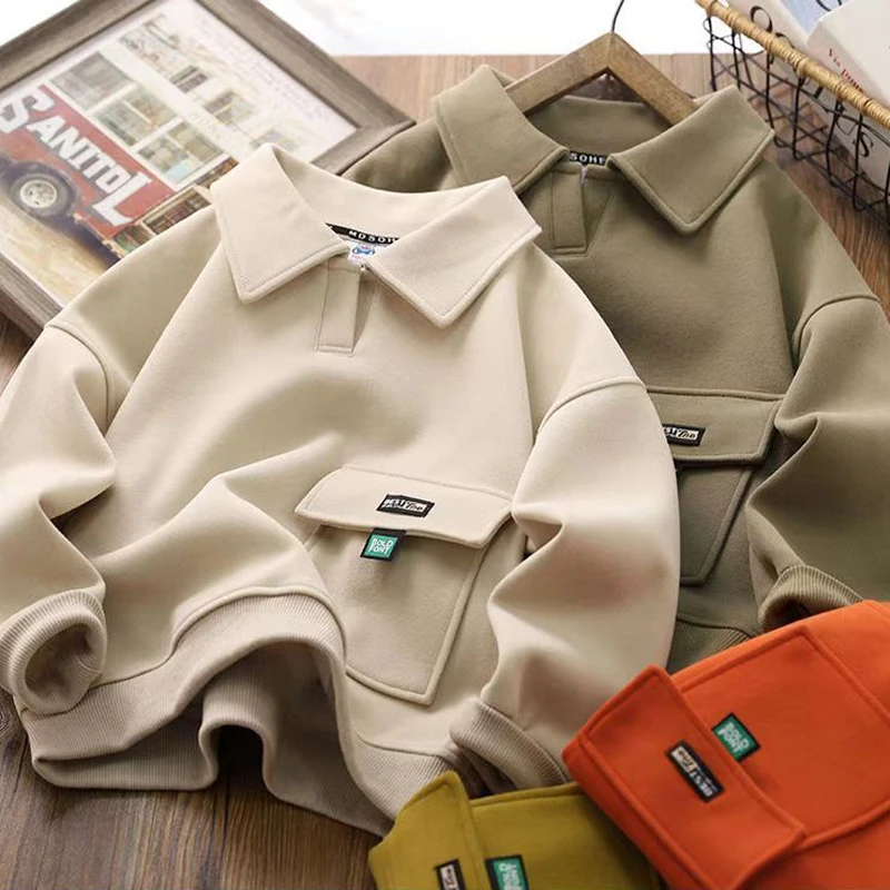 4 5 6 8 10 12 14 Years Boys Hoodies Autumn Spring New Solid Color Lapel Long Sleeve Sweatshirt For Teen Boys Casual Pullover