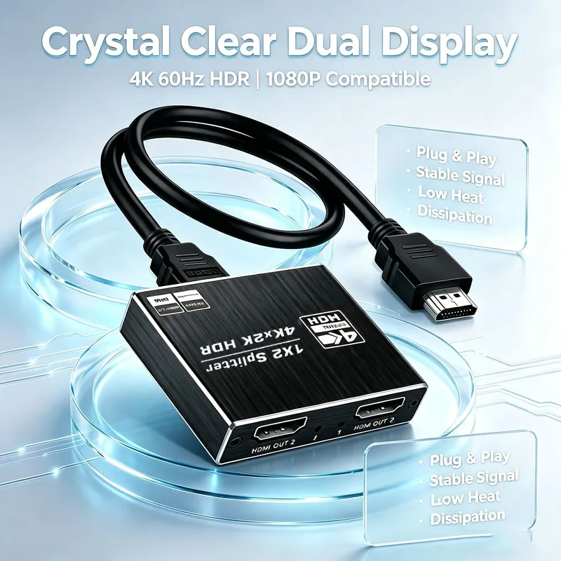 HDMI Splitter 2.0b 1x2 Splitter With Scaler 4K60Hz HDR10 1 In 2 Out Dual Different Resolution Video Processor