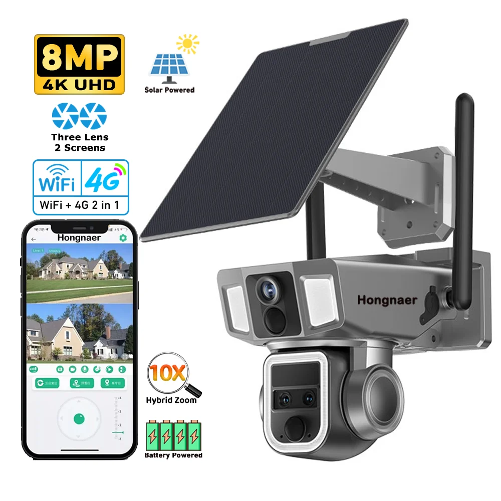 New Technology 3 Lens 10X Zoom WiFi 4G Network 2 In 1 Wireless Solar Panel Power PTZ Camera CCTV Outdoor Security Solar Camera