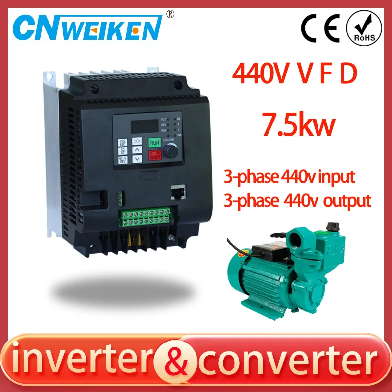 VFD Three Phase 440V to 440V 7.5KW 10hp Variable Frequency Drive CNC Drive Inverter Converter For 3 Phase Motor Speed Control