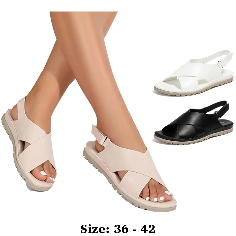 

High quality leather flat sandals for women 2.5cm low heel new summer 2025 36 42 open toe vintage beach shoe black white beige