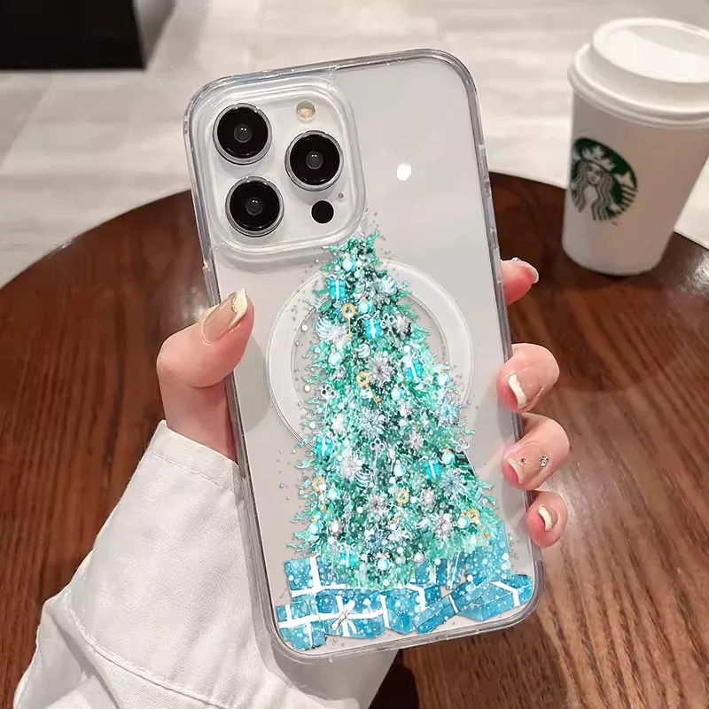 Green blue Christmas tree Magnetism Phone Case For iPhone 15 16 13 12 11 X XS XR Pro Max 14 Plus Shockproof Acrylic Back Cover