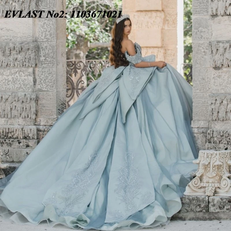 EVLAST Maßgeschneidertes glänzendes Aquablaues Quinceanera-Kleid, Ballkleid, Spitze, Perlenstickerei, Schleife, Korsett, Sweet 16, Vestidos 15 Anos E2QA118