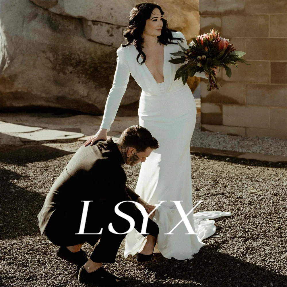 LSYX-Vestido de casamento feminino profundo com decote em v longo sopro mangas crepe sereia, vestido de noiva aberto, cortado vestido de noiva, personalizado