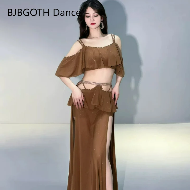 belly-dance-costume-women-green-red-brown-top-and-skirt-outfit-for-adult-stage-performance-personal-practice-clothes-size-m-l