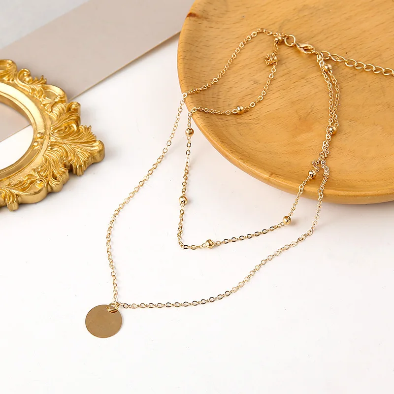 New European Women\'s Necklaces Double-layers Gold Color Short Chain Round Piece Pendants Clavicular Chain Fashion Jewelry colar