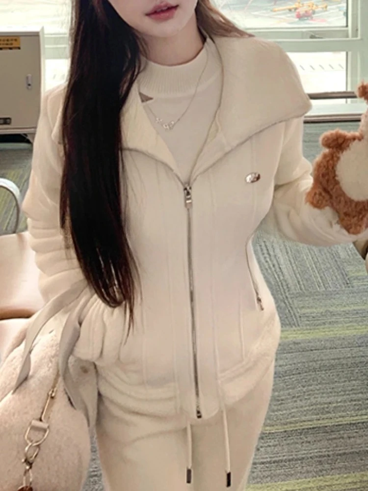 American Style Retro Solid Polar Fleece Sweet Warm Jacket Women Slim Waist Y2k High Neck Coat New Fashion Casual Winter Clothing