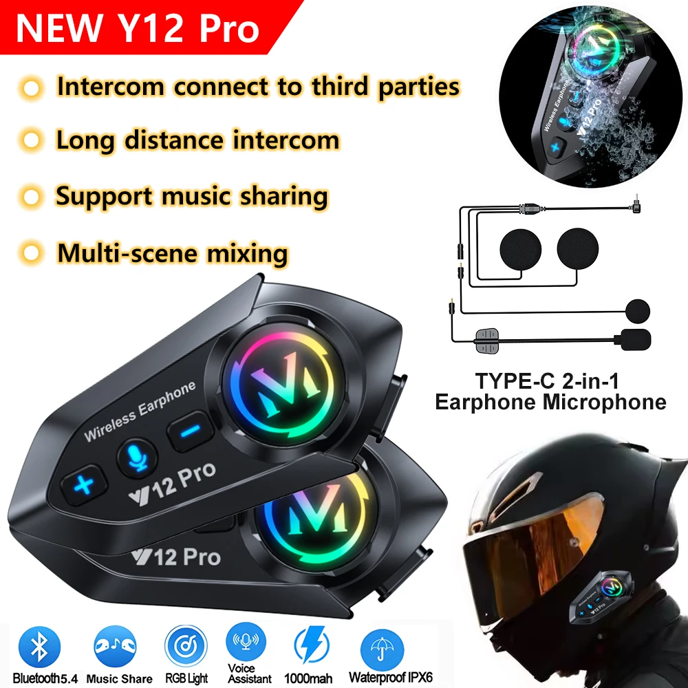 Motorcycle Helmet Intercom Dual-Core 5.4 Chip 500M Distance Ipx6 Waterproof Music Sharing Headphones Long-Distance Intercom