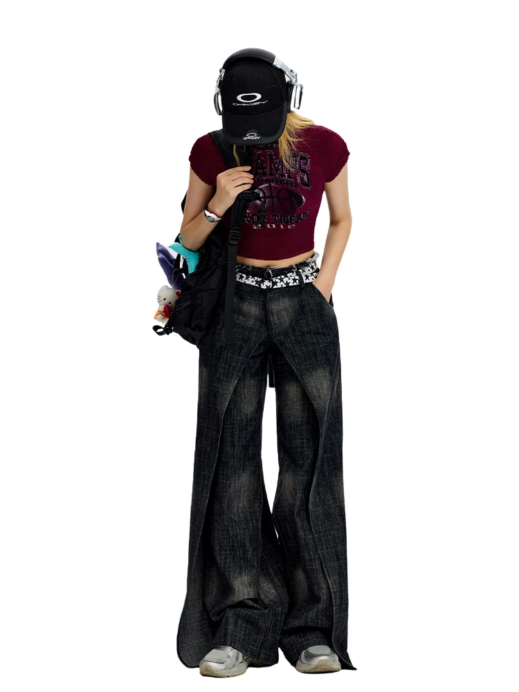 Black Tie Dye Vintage Washed Fake Double Layer Denim Jeans Wide Leg Pants Oink Oink Retro Style Cotton Straight Cut Natural W...