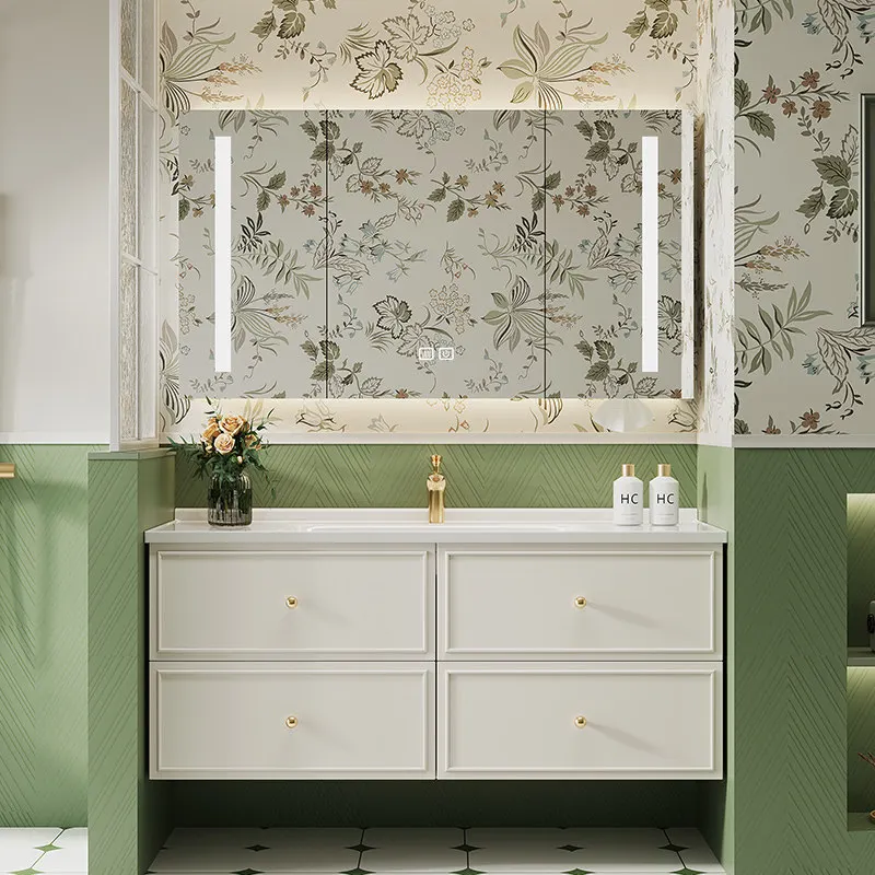 

French bathroom cabinet ceramic integrated basin oak wash basin cabinet combination