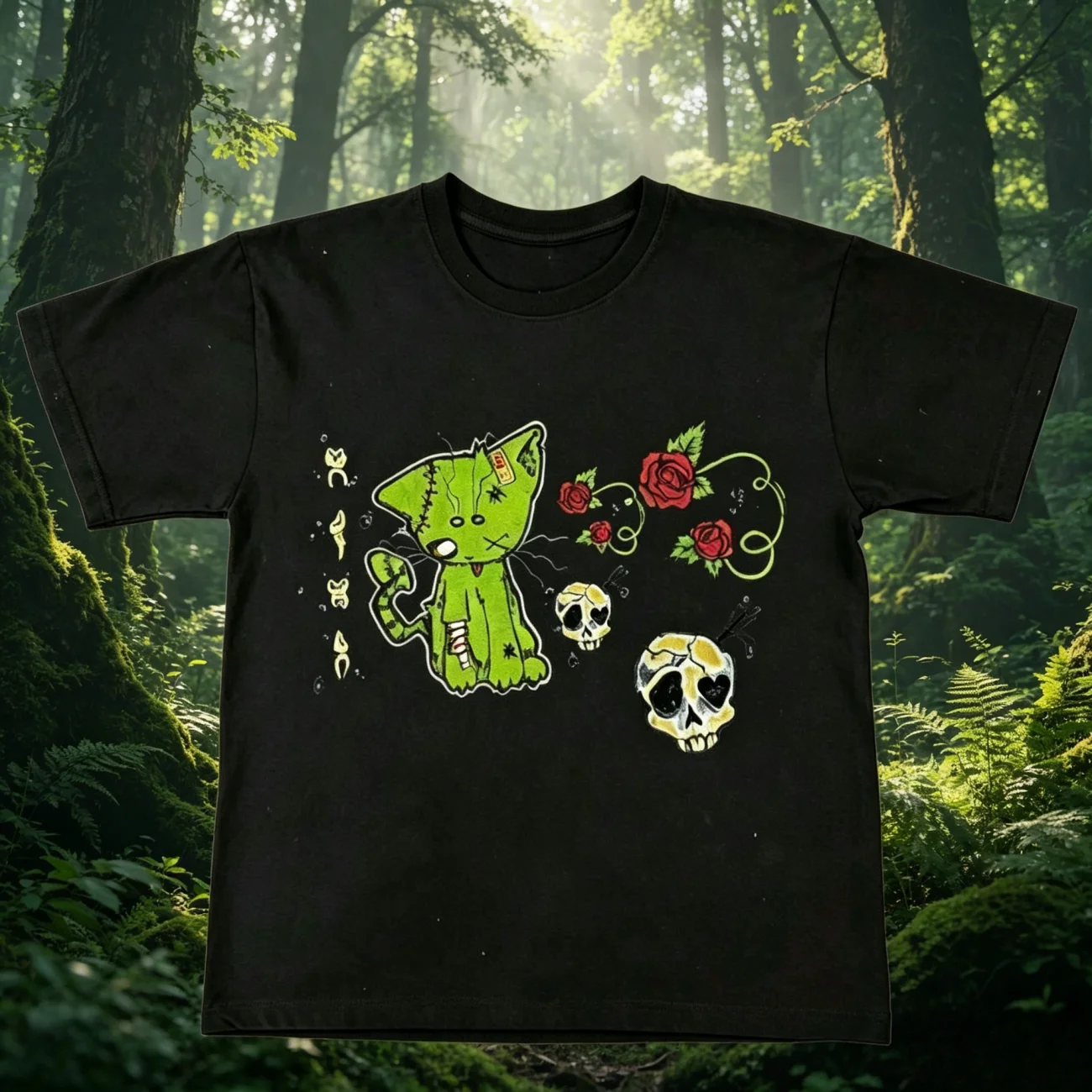 2026 new summer Y2K dark subculture style zombie cat print T-shirt, featuring skull and rose pattern, Gothic street fashion top