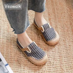 Veowalk Women Striped Linen Cotton Fabric Loafers Comfortable Slip On Sneakers Ladies Casual Flats Shoes Handmade Espadrilles