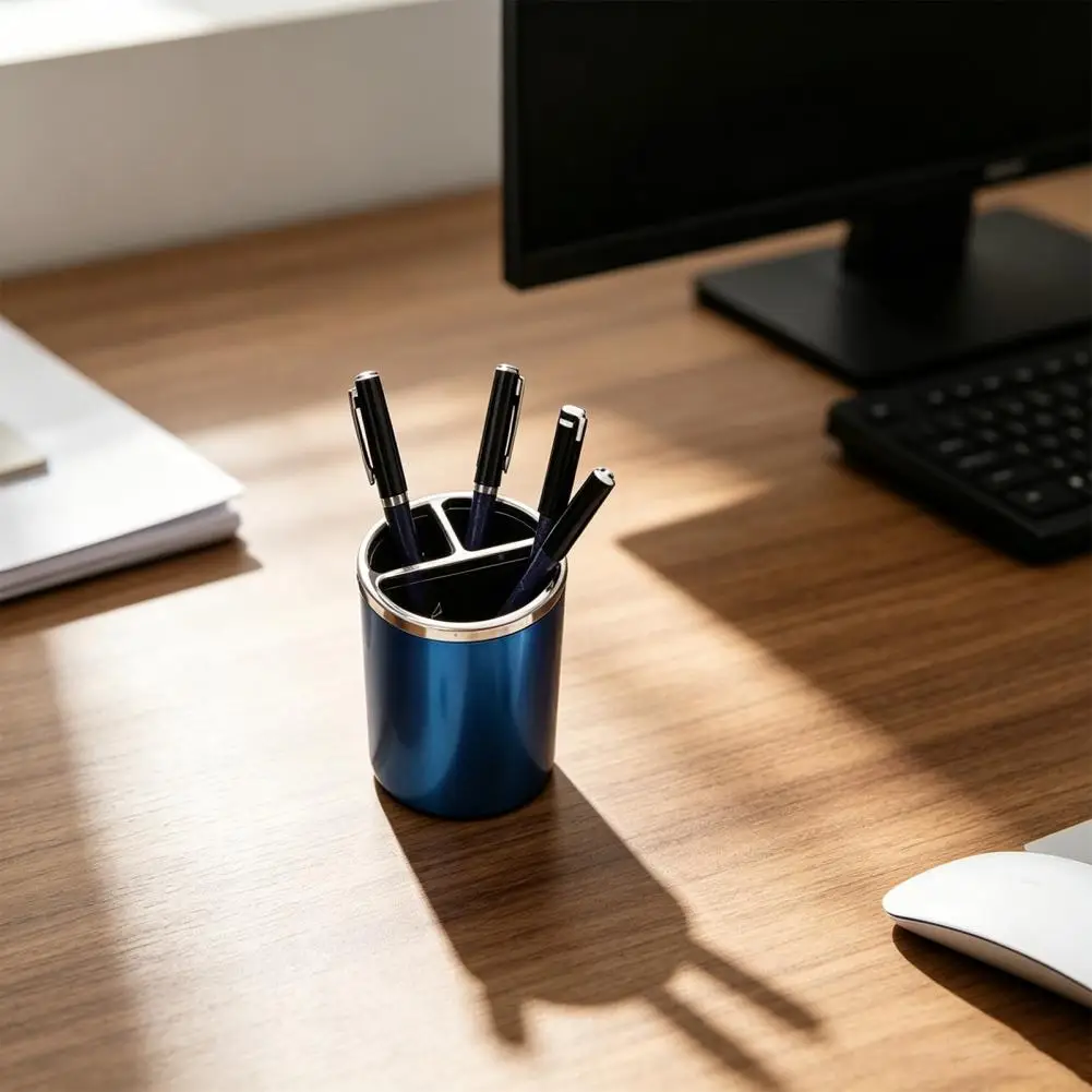 Desk Organizer Office Desk Organizer Cylindrical Pen Holder with Silver Edge 3-compartment Desktop Organizer for Pens Paper