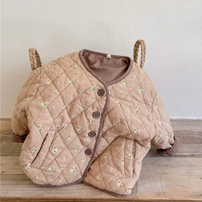 2026 Winter New Korean Style Kids Clothes Floral Printed Baby Girls Quilting Coats Thicken Warm Children Cotton Padded Outerwear