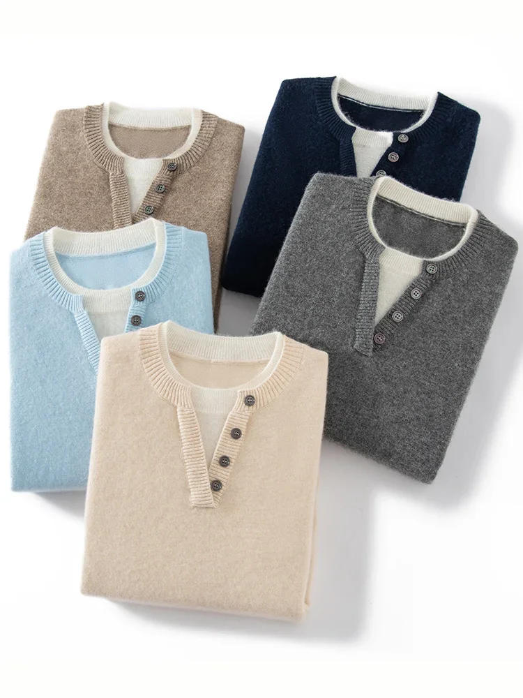 Tcyeek Women's 100% Cashmere Sweater O-neck Buttons Collar Pullover Simple Style Cashmere Knitwear Basic Clothes Autumn Winter