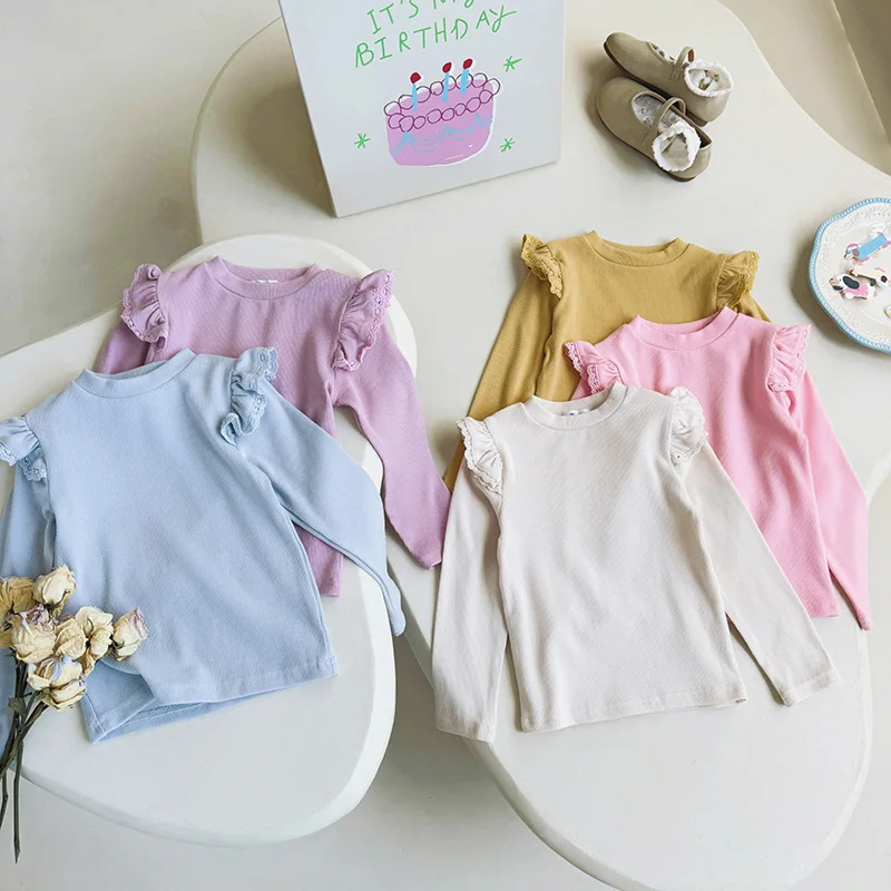 Girls Long Sleeve T-shirts Spring Autumn Children Bottom Flying Sleeve Lace Tops for Kids Toddler Tees Baby Blouse Clothes