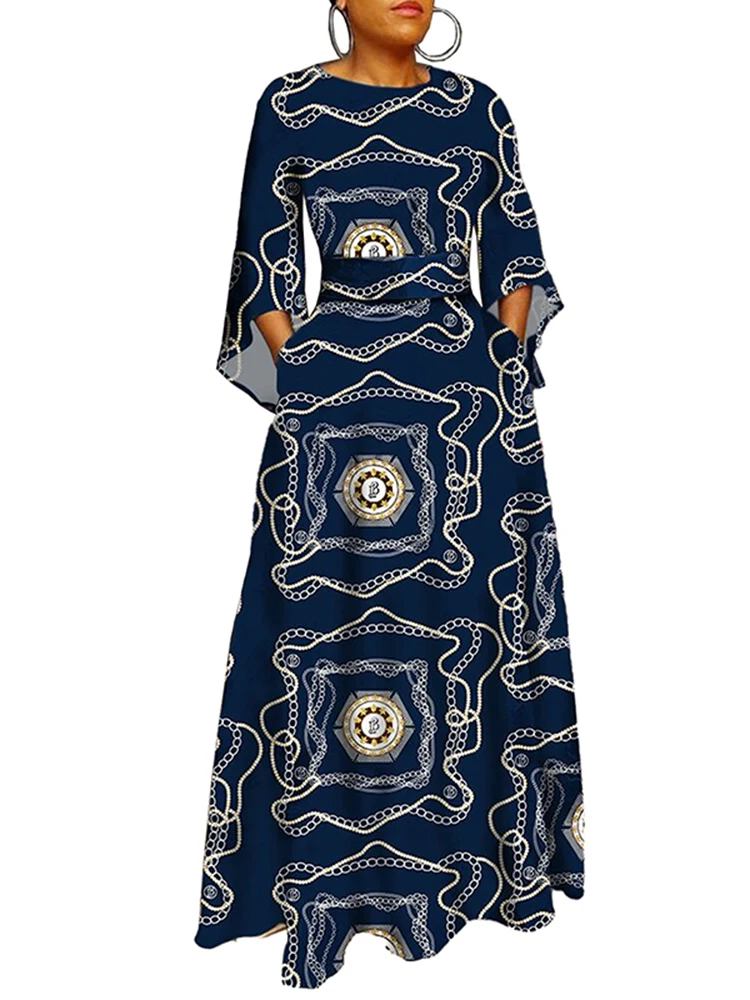 

Long African Maxi Dress Women Flare Sleeve Empire Robes Africa Clothing Autumn New Print Fashion Casual African Dresses Vestidos