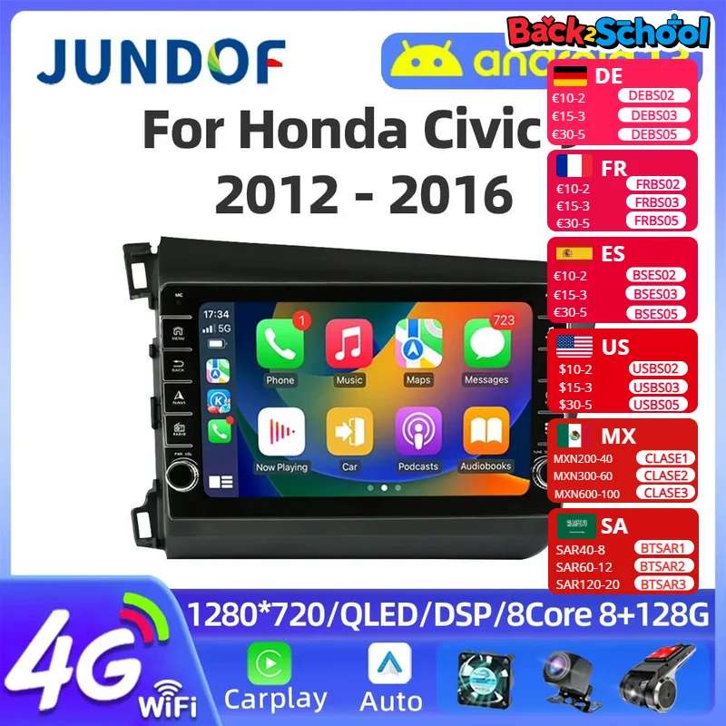 

9 inch for Honda Civic 2011-2013 2014 2015 Android 13 WIFI Car Radio Multimedia Video Stereo Player Navigation GPS CarPlay WIFI