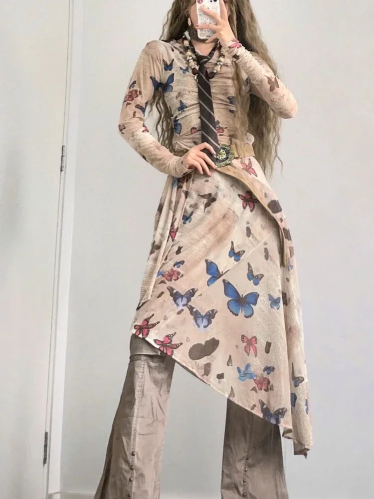 Streetwear Vintage Printing Dresses Grunge Y2k Aesthetic Skew Collar Pleated Vestidos Harajuku Woman Irregular Dress