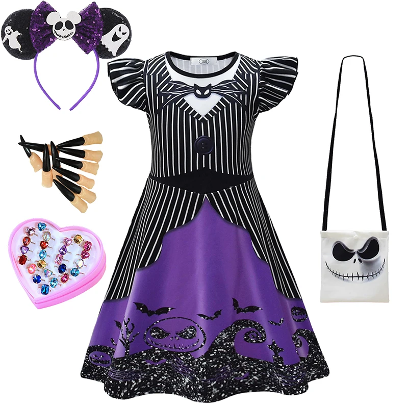 

2025 New Before Christmas Children's Halloween Cosplay Jack Skeleton Sally Dress Carnival Girls Masquerade Ghost Witch Costume