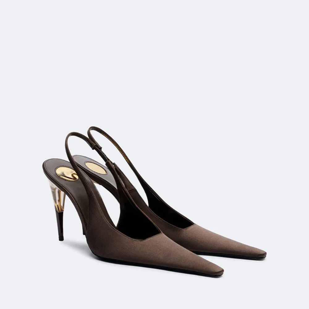 Women Satin Pointed‑Toe Stiletto Pumps with Clear Heel, Elegant Back Strap Dress Heels for Formal Dating Club Occasions view 6