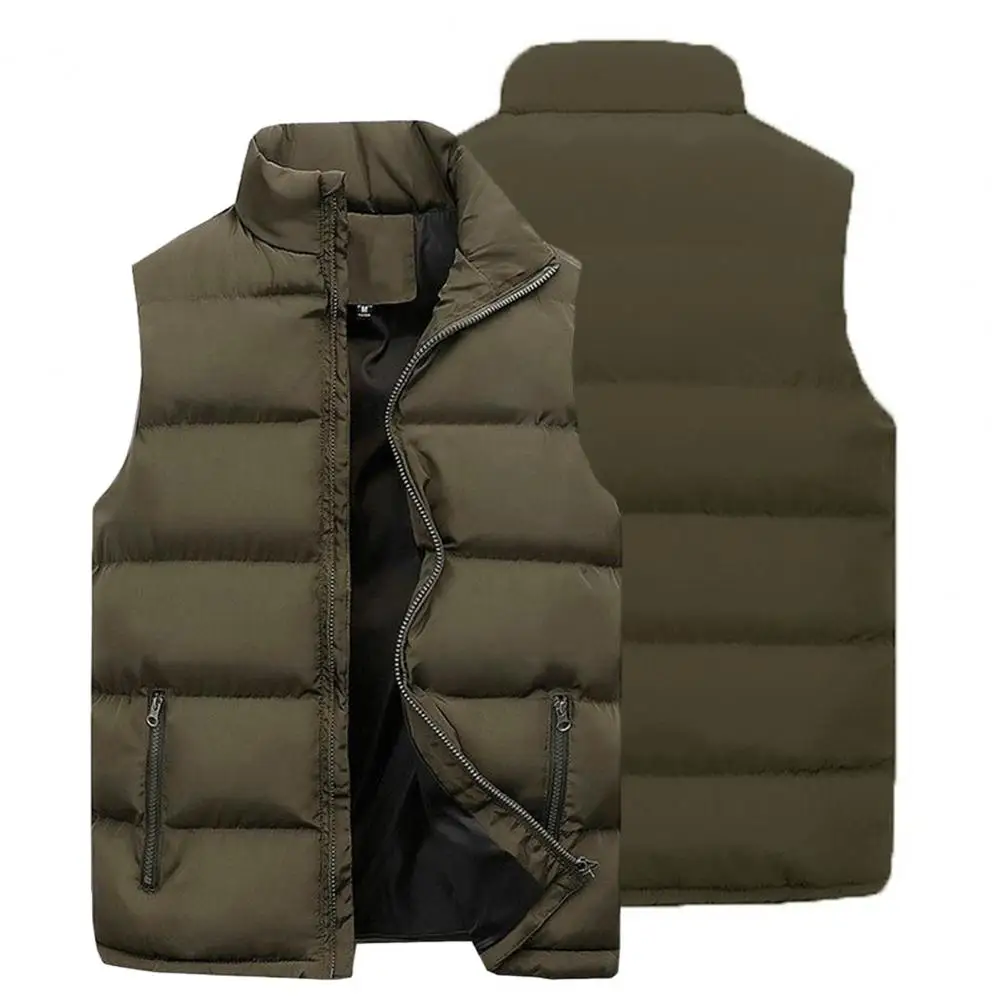 Men Vest Jacket Solid Color Stand Collar Cotton Padded Waistcoat Thicken Sleeveless Jacket Pure Color Warm Coat Waistcoat