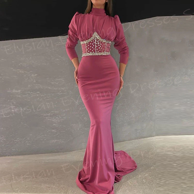 2024 Graceful Generous Pink Women's Mermaid Simple Evening Dresses High Neck Long Sleeve Beaded Prom Gowns Pleated Formal Party