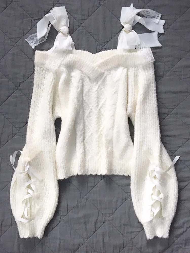 

Original f-Cherry-Peach Gentle White Sweater Early Autumn New Sle Pure Desire oulder Bared Knot Top Women