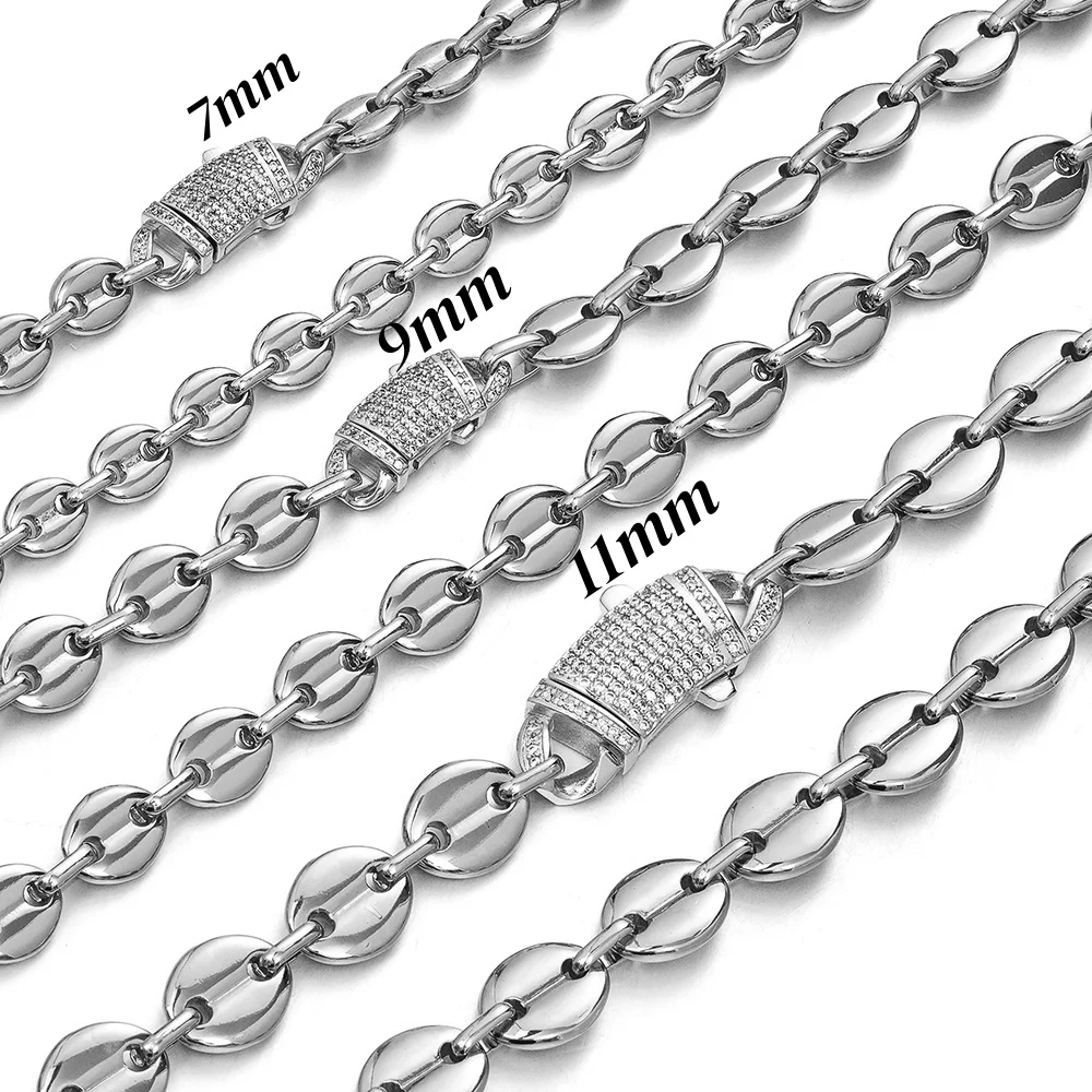 7/9/11mm New Cubiz Circonia Buckle Stainless Steel Coffee Beads Chain Necklace or Bracelet Custom-size