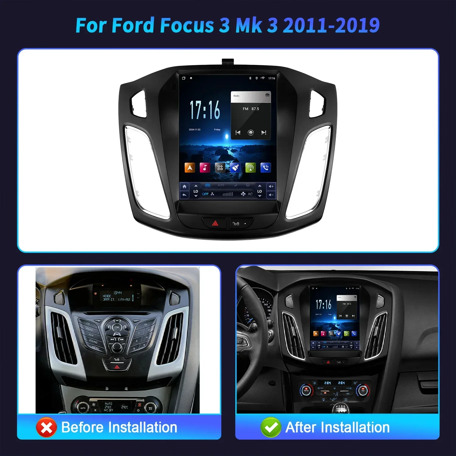 9.7inch Android 14 Car Radio For Ford Focus 3 Mk 3 2011-2019 Wireless Carplay 4G GPS Multimedia Autoradio Touch Head Unit Screen