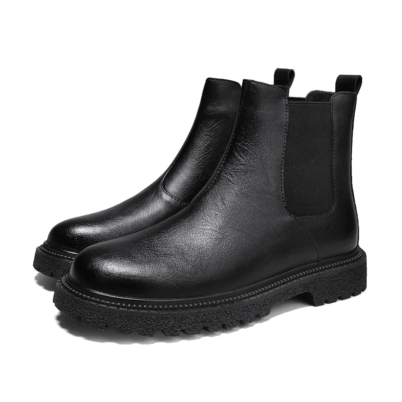 Men Pure Black Genuine Leather Chelsea Boots Ankle Casual Fashion Luxury Autumn Winter Non-Slip Designs Big Size 45 46