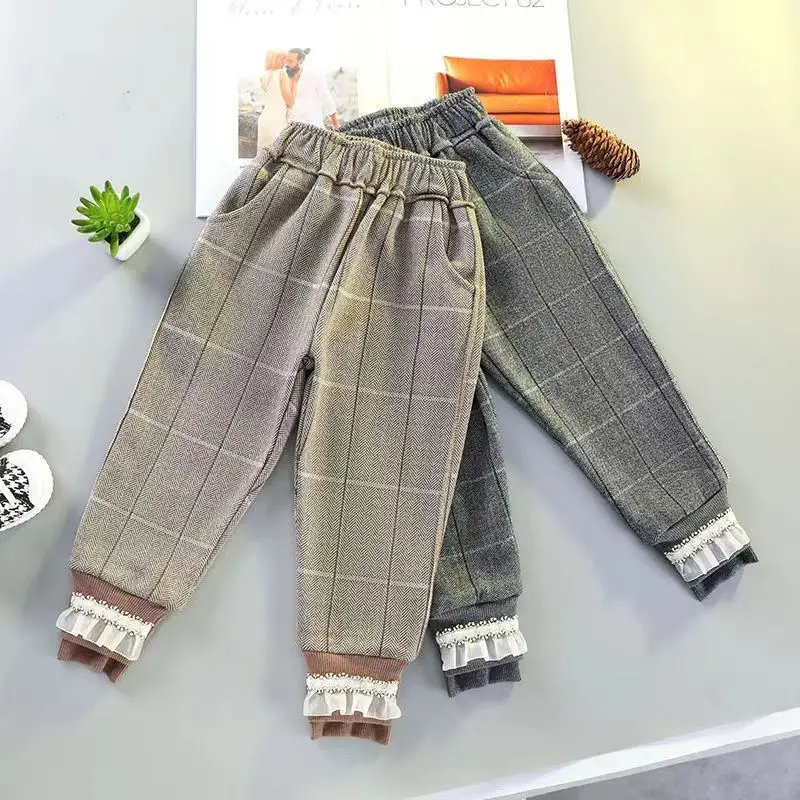 Autumn Winter Fashion Loose Casual Girls Trousers All Match Kawaii Sweet Baby Kids Pants Thick Patchwork Cute Children\'s Clothes