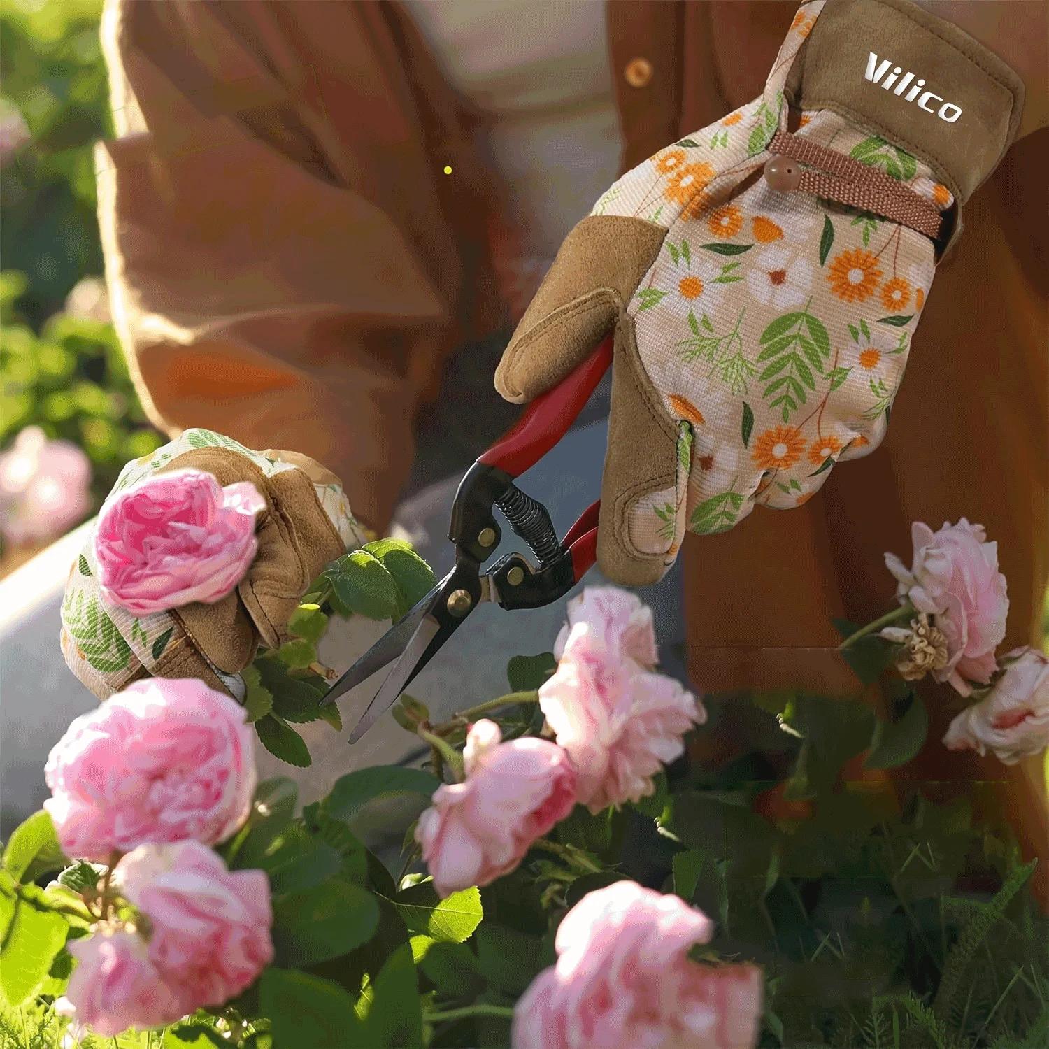 Cute Floral Print Gardening Gloves Thorn Resistant Suede Gloves for Women Breathable Non-slip for Yard Work Pruning Planting