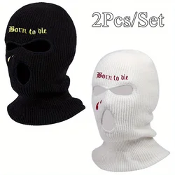 2Pcs/Set Cool Letter Embroidery Ski Mask Balaclava Hat Fashion 3-Hole Knitted Full Face Cover Knit Beanie for Outdoor Sport