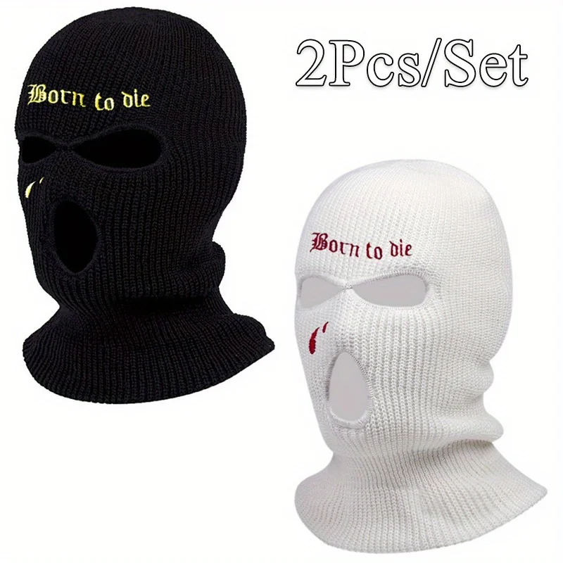 2Pcs/Set Cool Letter Embroidery Ski Mask Balaclava Hat Fashion 3-Hole Knitted Full Face Cover Knit Beanie for Outdoor Sport