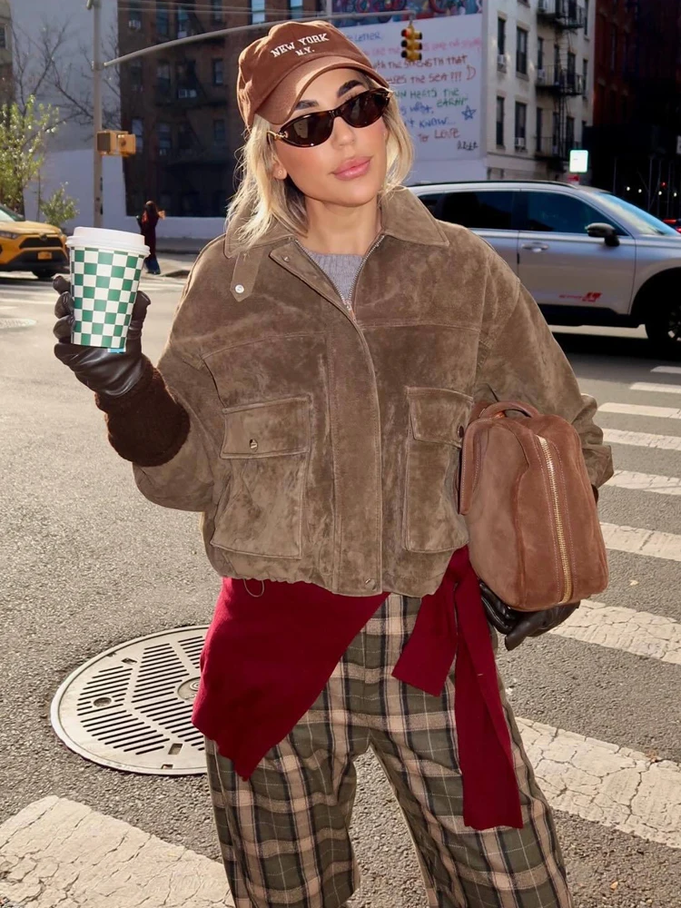 HH خمر فضفاض الصلبة سترات من جلد الغزال 2026 ربيع المرأة موضة سستة Bomber جاكيتات طويلة الأكمام التلبيب معطف الشارع أبلى