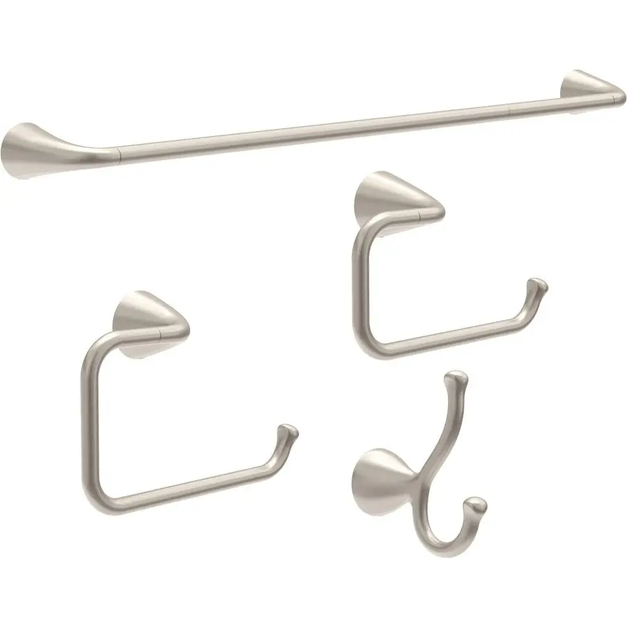 

ARV64DN Arvo 4Piece Bath Hardware Set 18in Towel Bar w 6in Extender, Toilet Paper Holder, Towel Ring, Hook, Brushed Nickel