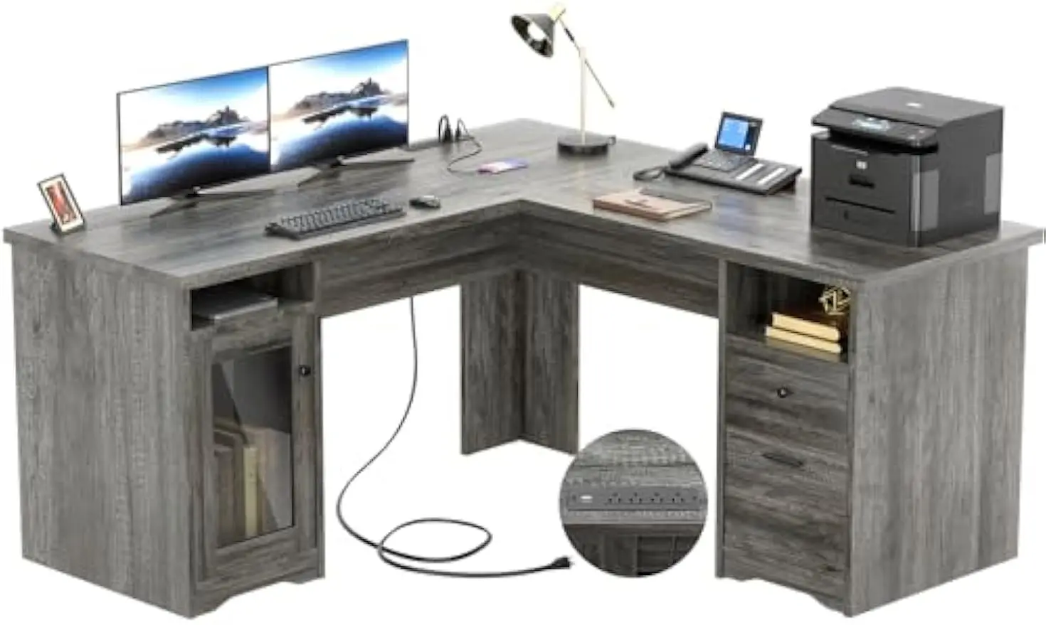 Biurko w kształcie szuflad, 60-calowe narożne biurka komputerowe z portem ładowania USB i gniazdem zasilania, duże 2-osobowe tabliczki do domowego biura