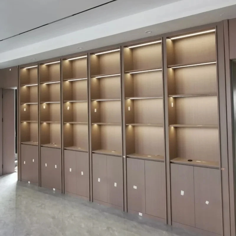 custom.Modern Minimalist Full Wall Solid Wood Display Cabinet, Custom Embedded Bookcase with Lights Living Room