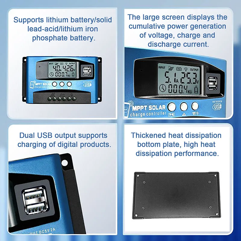 30/40/50/60/100A Regolatore solare Bluetooth Doppia uscita USB per telefoni cellulari, iPad Ricarica Pannelli solari MPPT Regolatore di carica