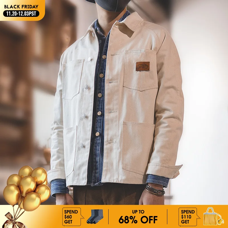 

Мужская винтажная джинсовая куртка Maden, белая джинсовая куртка с карманами, в стиле ретро, классический дизайн, 13,5 унции