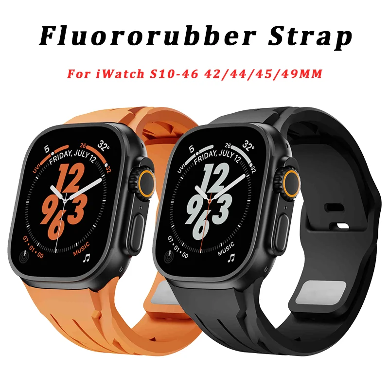 

Rubber Cut To Size Strap for Apple Watch Ultra 2 49mm 46mm 45 44 Luxury Fluororubber Band for iWatch 10 9 8 7 6 5 4 SE Bracelet