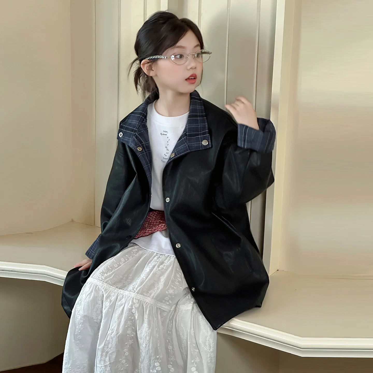 

Autumn Teenager Girls Coat School Girls Plaid Turn Down Collar Leather Jacket Kids Girls Single-breasted Long Length Outerwear