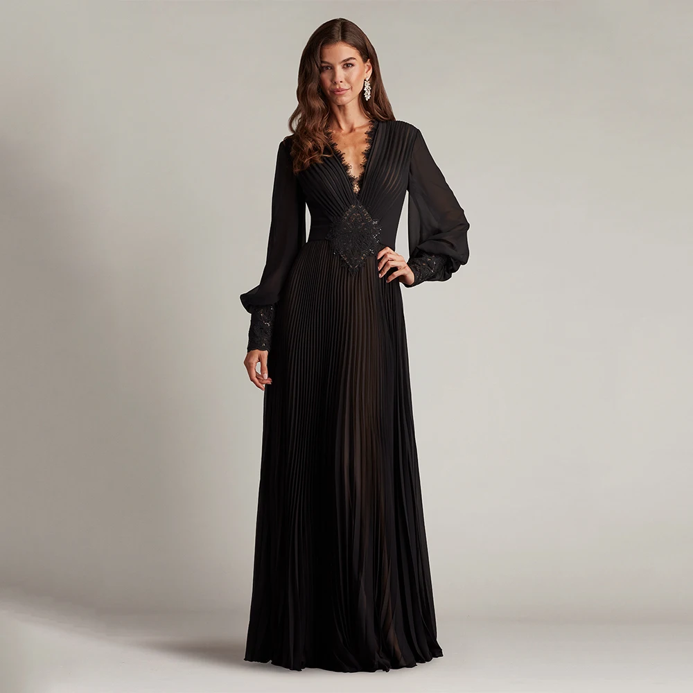 Customized Black Chiffon Elegant Mother of the Bride Dresses V-Neck for Floor-Length Lace for Formal Evening Vestidos De Fiesta