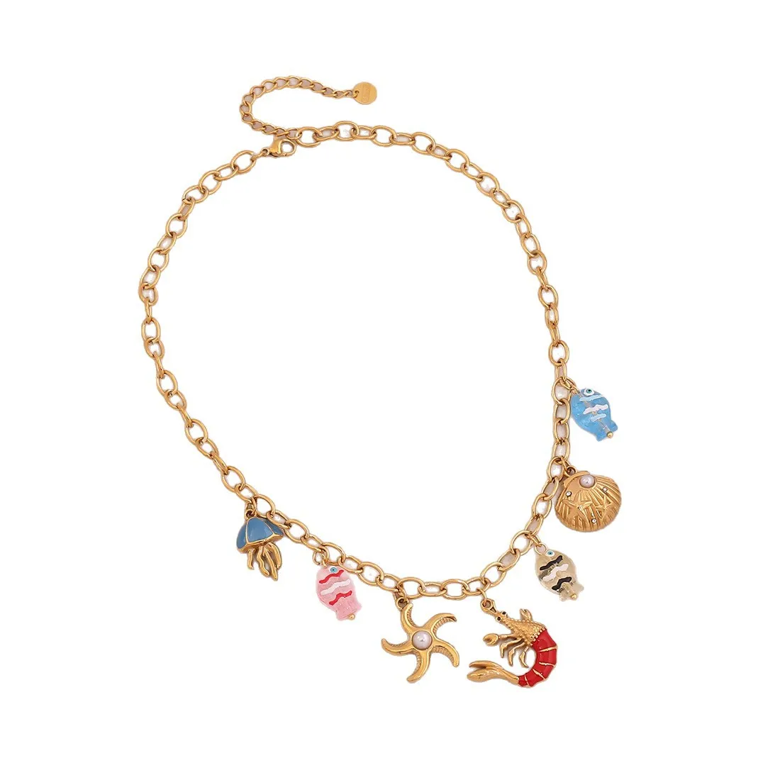 Ocean Shrimp Crab Fish Shell Multi-element Necklace Unique Vacation Stainless Steel Neck Jewelry