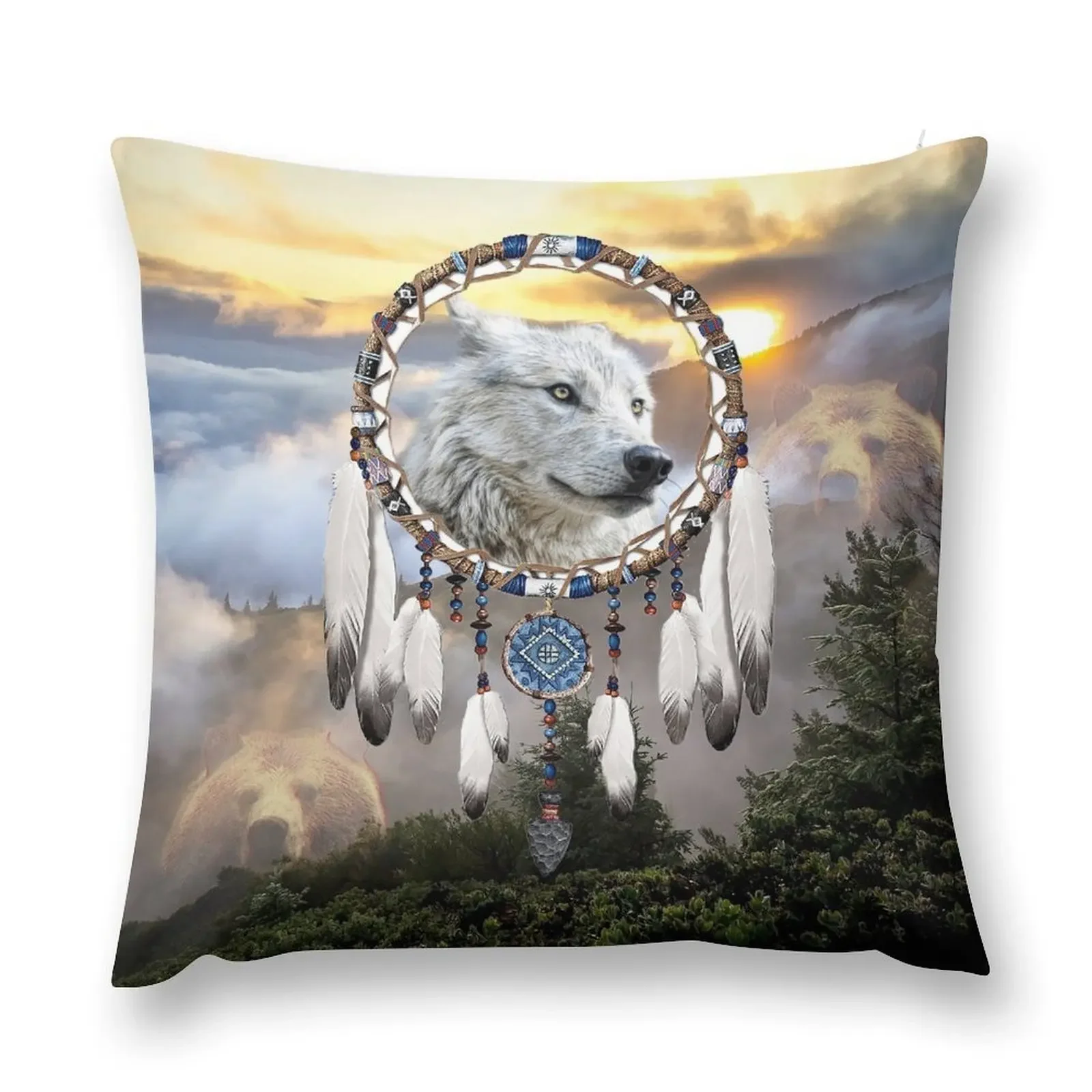 Wolf, Bear and Dream Catcher Throw Pillow Pillow Case Decorative Sofa Cushions Sofa Cushion Cover luxury home accessories pillow