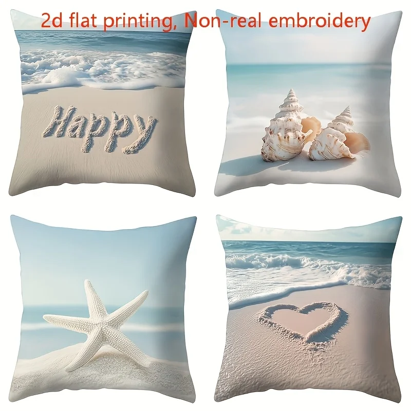 

1pc Coastal Beach Themed Throw Pillow Covers with Seashell Starfish and Ocean Scenery for Home Decor