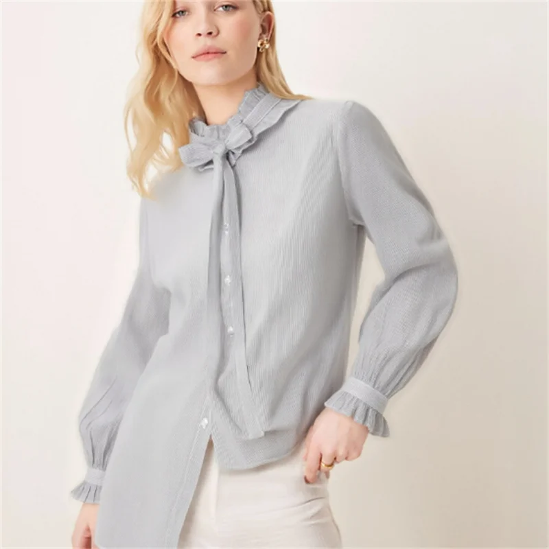 

2026 Spring New Arrival French Elegant Ruffled V-Neck Tie-Up Long Sleeve Shirt